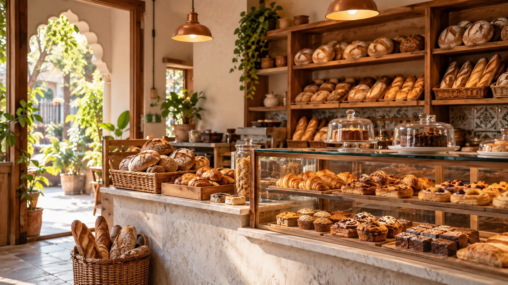 Warm Sunrise Bakery interior with bread-filled wooden shelves and a pastry counter
