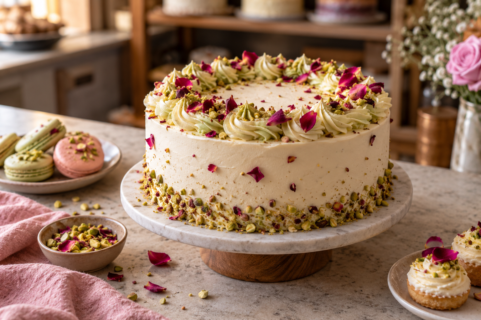 Pistachio and rose celebration cake finished with buttercream, rose petals and nuts